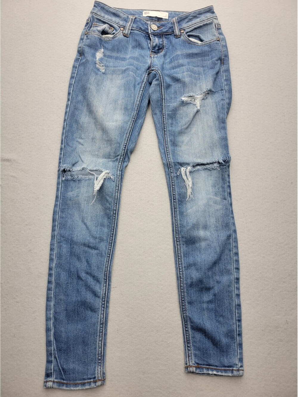 RSQ Women Jeans 1 Blue Skinny Light Stretch Stonewashed Ripped Ultra Low Rise